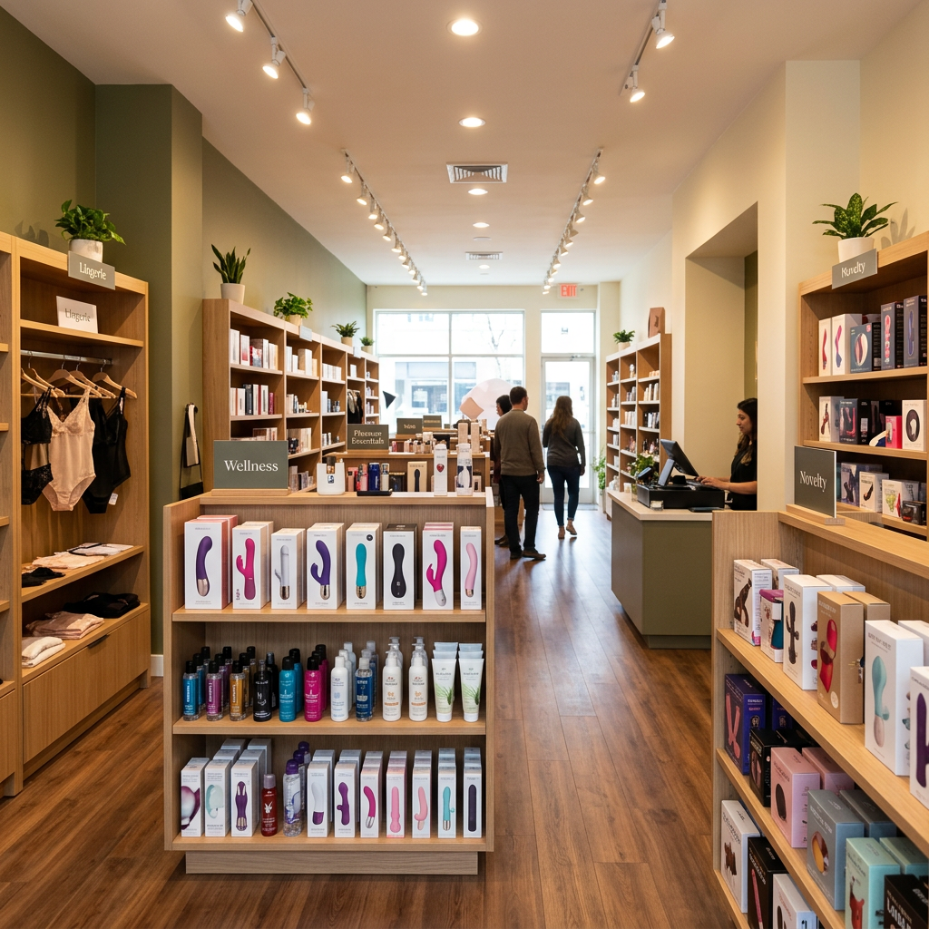 Boutique interior with shelves of wellness and intimacy products and customers walking inside